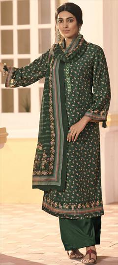 Festive, Party Wear Green color Salwar Kameez in Muslin fabric with Palazzo Digital Print, Floral work : 1696085