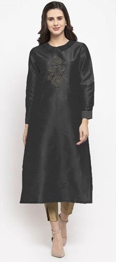 Party Wear Black and Grey color Tunic with Bottom in Dupion Silk fabric with Embroidered, Resham, Thread work : 1696256