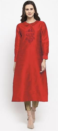 Party Wear Red and Maroon color Tunic with Bottom in Dupion Silk fabric with Embroidered, Resham, Thread work : 1696258