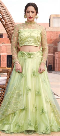 Bridal, Wedding Green color Lehenga in Net fabric with A Line Embroidered, Sequence, Thread work : 1696359