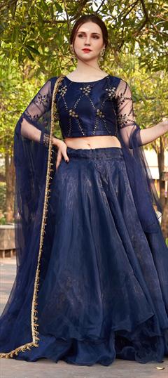 Bridal, Wedding Blue color Lehenga in Silk, Tissue fabric with A Line Embroidered, Sequence, Thread work : 1696366
