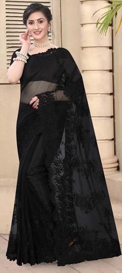 Engagement, Festive, Party Wear Black and Grey color Saree in Net fabric with Classic Embroidered, Moti, Resham, Stone, Thread work : 1696368