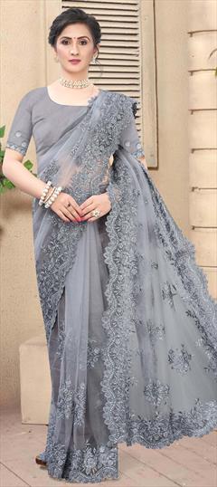 Engagement, Festive, Party Wear Black and Grey color Saree in Net fabric with Classic Embroidered, Moti, Resham, Stone, Thread work : 1696376