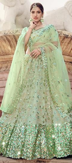 Reception, Wedding Green color Lehenga in Net fabric with A Line Sequence, Thread work : 1696389