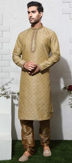 Gold color Sherwani in Art Silk fabric with Embroidered, Thread work : 1696572