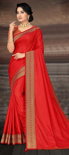 Traditional Red and Maroon color Saree in Art Silk, Silk fabric with South Lace work : 1696690