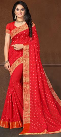 Traditional Red and Maroon color Saree in Art Silk, Silk fabric with South Lace work : 1696744