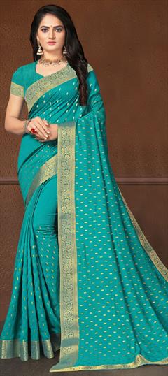 Traditional Blue color Saree in Art Silk, Silk fabric with South Lace work : 1696748