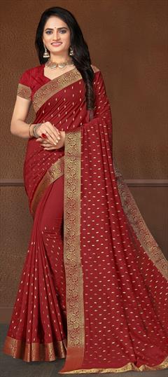 Traditional Red and Maroon color Saree in Art Silk, Silk fabric with South Lace work : 1696750