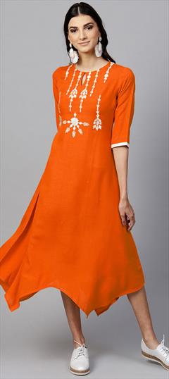 Party Wear Orange color Kurti in Rayon fabric with Asymmetrical, Long Sleeve Embroidered, Resham, Thread work : 1696845
