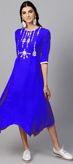 Party Wear Blue color Kurti in Rayon fabric with Asymmetrical, Long Sleeve Embroidered, Resham, Thread work : 1696847
