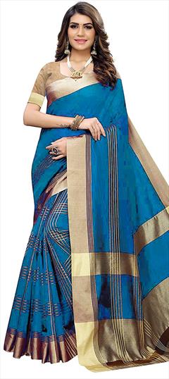 Traditional Blue color Saree in Silk, Silk cotton fabric with South Printed work : 1696859