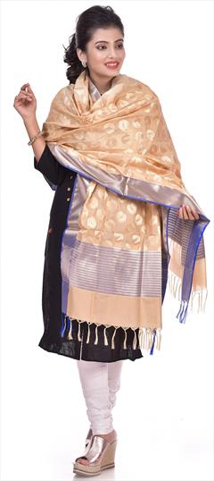 Party Wear Beige and Brown color Dupatta in Silk cotton fabric with Weaving work : 1696926