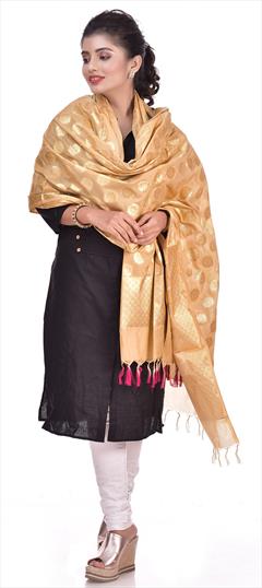 Party Wear Beige and Brown color Dupatta in Silk cotton fabric with Weaving work : 1696970