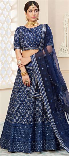 Bridal, Wedding Blue color Lehenga in Net fabric with A Line Embroidered, Sequence, Thread work : 1697012
