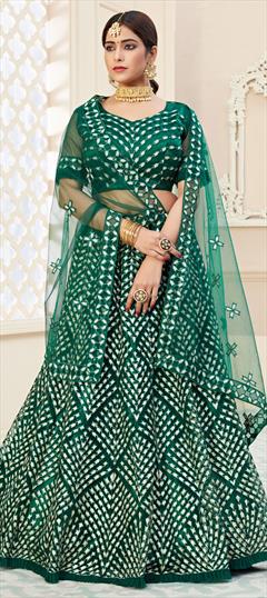 Reception, Wedding Green color Lehenga in Net fabric with A Line Embroidered, Thread work : 1697014