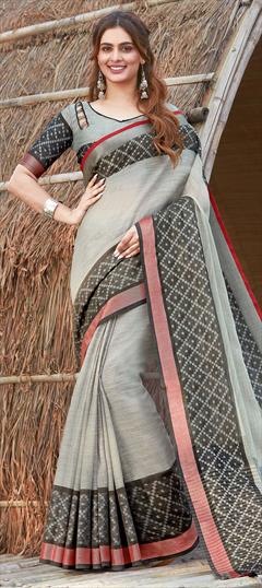 Traditional Black and Grey color Saree in Linen fabric with Bengali Weaving work : 1697376