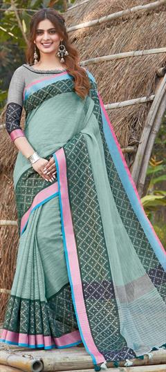 Traditional Green color Saree in Linen fabric with Bengali Weaving work : 1697377