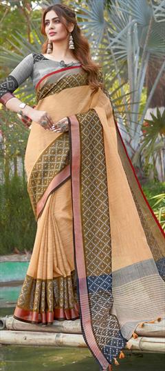 Traditional Orange color Saree in Linen fabric with Bengali Weaving work : 1697378