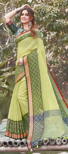 Traditional Green color Saree in Linen fabric with Bengali Weaving work : 1697380