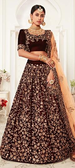Bridal, Festive, Wedding Red and Maroon color Lehenga in Velvet fabric with A Line Embroidered, Sequence, Thread, Zari work : 1697652