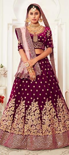 Bridal, Festive, Wedding Purple and Violet color Lehenga in Velvet fabric with A Line Embroidered, Sequence, Thread, Zari work : 1697654