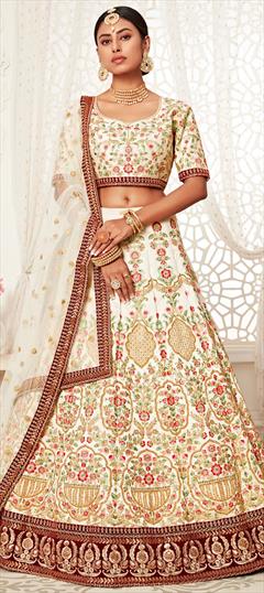 Bridal, Festive, Wedding White and Off White color Lehenga in Art Silk fabric with A Line Embroidered, Sequence, Thread, Zari work : 1697660