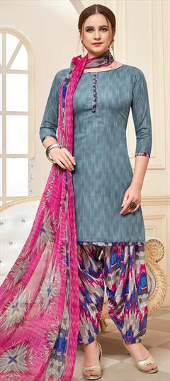Casual, Party Wear Black and Grey color Salwar Kameez in Cotton fabric with Patiala Printed work : 1698159