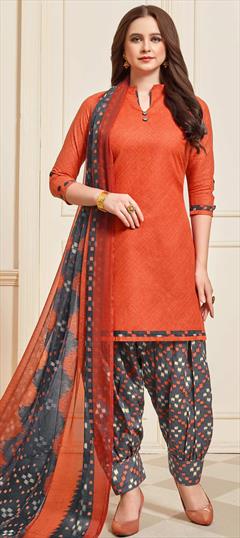 Casual, Party Wear Orange color Salwar Kameez in Cotton fabric with Patiala Printed work : 1698161