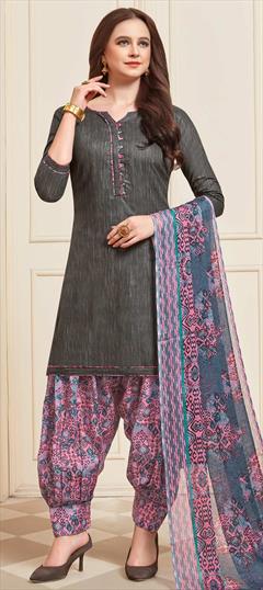 Casual, Party Wear Black and Grey color Salwar Kameez in Cotton fabric with Patiala Printed work : 1698163