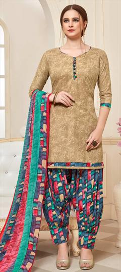 Casual, Party Wear Beige and Brown color Salwar Kameez in Cotton fabric with Patiala Printed work : 1698169