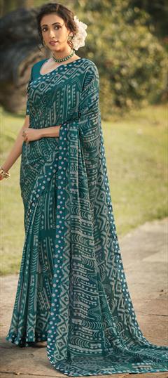 Casual, Party Wear Blue color Saree in Georgette fabric with Classic Border, Printed work : 1698311
