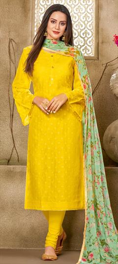 Party Wear Yellow color Salwar Kameez in Cotton fabric with Churidar, Straight Embroidered, Thread work : 1698707