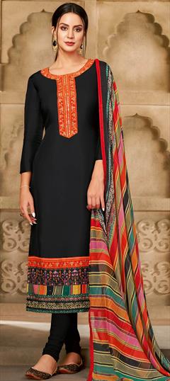Party Wear Black and Grey color Salwar Kameez in Cotton fabric with Churidar, Straight Embroidered, Thread work : 1698712