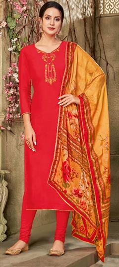 Party Wear Red and Maroon color Salwar Kameez in Cotton fabric with Churidar, Straight Embroidered, Thread work : 1698716