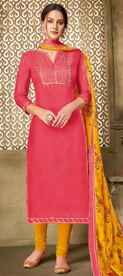 Party Wear Pink and Majenta color Salwar Kameez in Cotton fabric with Churidar, Straight Embroidered, Thread work : 1698719