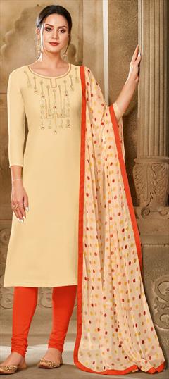 Party Wear Beige and Brown color Salwar Kameez in Cotton fabric with Churidar, Straight Embroidered, Thread work : 1698720
