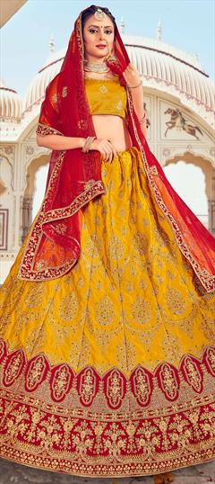 Festive, Reception Yellow color Lehenga in Art Silk fabric with A Line Bugle Beads, Embroidered, Thread, Zari work : 1698786