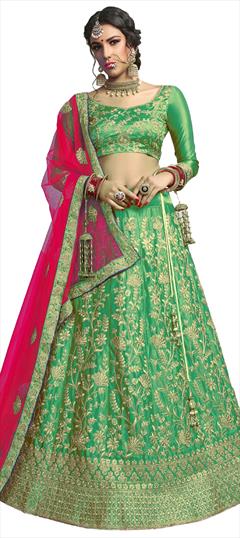 Festive, Reception Green color Lehenga in Satin Silk fabric with A Line Embroidered, Stone, Thread, Zari work : 1698825