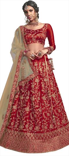 Festive, Reception Red and Maroon color Lehenga in Satin Silk fabric with A Line Embroidered, Stone, Thread, Zari work : 1698826