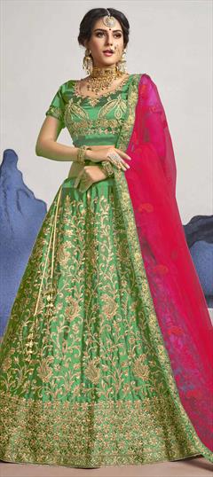 Festive, Reception Green color Lehenga in Satin Silk fabric with A Line Embroidered, Stone, Thread, Zari work : 1698832