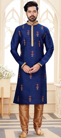 Blue color Kurta Pyjamas in Dupion Silk fabric with Embroidered, Thread work : 1698886