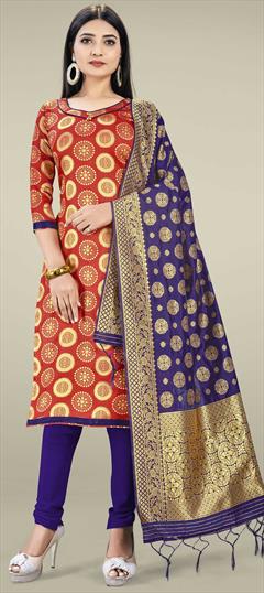 Party Wear Red and Maroon color Salwar Kameez in Banarasi Silk fabric with Churidar, Straight Weaving work : 1699015