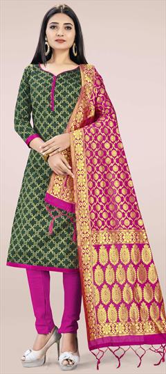 Party Wear Green color Salwar Kameez in Banarasi Silk fabric with Churidar, Straight Weaving work : 1699019