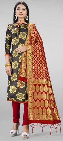 Party Wear Black and Grey color Salwar Kameez in Banarasi Silk fabric with Churidar, Straight Weaving work : 1699022