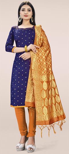 Party Wear Blue color Salwar Kameez in Banarasi Silk fabric with Churidar, Straight Weaving work : 1699024