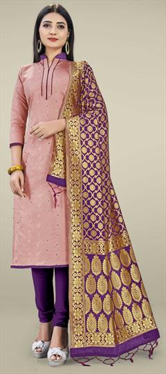 Party Wear Pink and Majenta color Salwar Kameez in Banarasi Silk fabric with Churidar, Straight Weaving work : 1699033
