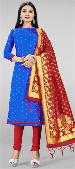 Party Wear Blue color Salwar Kameez in Banarasi Silk fabric with Churidar, Straight Weaving work : 1699034