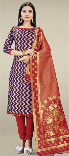 Party Wear Blue color Salwar Kameez in Banarasi Silk fabric with Churidar, Straight Weaving work : 1699041