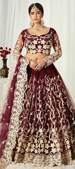 Bridal, Wedding Red and Maroon color Lehenga in Net fabric with A Line Embroidered, Thread, Zari work : 1699057